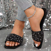 Rhinestone Square Toe Slippers For Women - Casual Fashion Slip-Ons For Indoor/Outdoor Use In Summer. Flat Bottom Sandals With Open Toe - Perfect Beachwear!